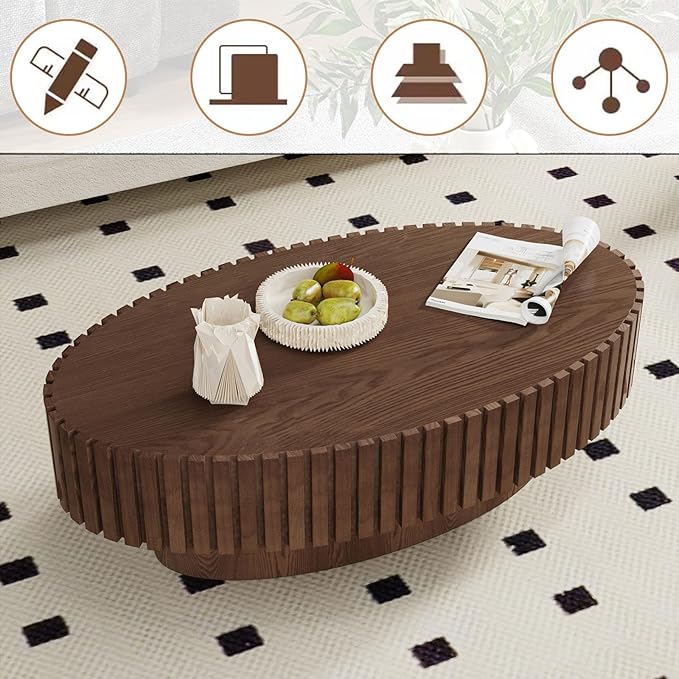 Oval Coffee Table, Handcrafted Fluted Drum Coffee Tables Modern Wood Coffee Table Drum Center Table for Living Room, Apartment (Oval Brown)
