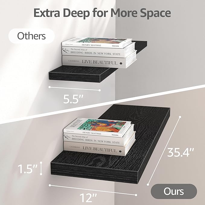 QEEIG 12" Deep Floating Shelves for Wall - 12 x 36 inch Book Shelf Bathroom Bedroom Kitchen Living Room Hanging Bookshelf Farmhouse Set of 3, Black (026-90B3)