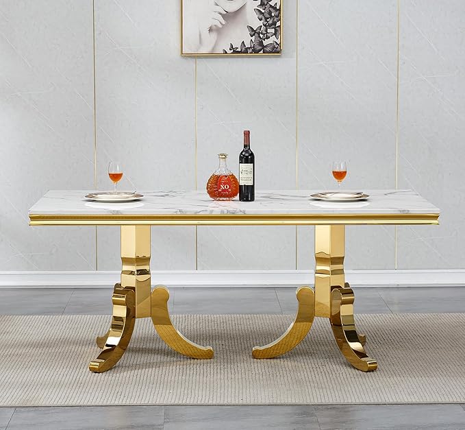 Goujxcy Faux Marble Dining Table Set for 4, Modern 5-Piece Dining Table Set with 4 Velvet Upholstered Chairs, 70" Large Long Faux Marble Kitchen Dining Room Table and Chairs with Stainless Steel Legs