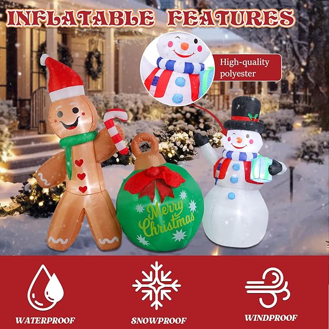 Bshine Christmas Inflatable Outdoor Decorations, 5.9FT Cute Gingerbread Man Snowman Celebration Sign Blow Up Yard Decor with LED Lighted for Holiday Xmas Outdoor Indoor Home Garden Lawn Decorations