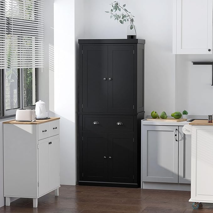 HOMCOM 72.5" Kitchen Pantry Cabinet, Traditional Freestanding Storage Cabinet with 4 Doors, Drawer and 3 Adjustable Shelves for Dining Room, Black