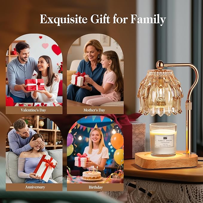 Candle Warmer Lamp with Timer Dimmer, Modern Wax Warmer for Scented Wax Jar Candle Warmer with 2 Bulbs, Adjustable Height Glass Lamp for Gifts for Women, House Warming Gifts, Home Decor, Gold Amber