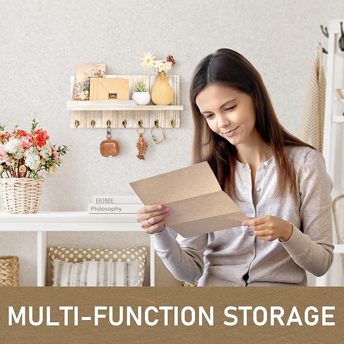 Rebee Vision Farmhouse Key Holder Wall Mount with Mail Organizer - Rustic Key and Mail Holder for Wall with Shelf and 7 Key Hooks - Wooden Apartment Essentials for Room Decor Aesthetic (Natural Wood)