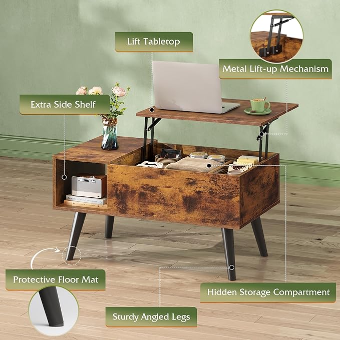 WLIVE Coffee Table for Living Room, Small Coffee Table with Storage, Lift Top Modern Wooden Dining Center Table with Storage Shelf & Hidden Compartment, 31.5" Rustic Brown