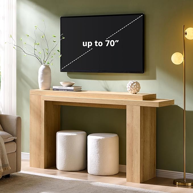 OKD 63 Inch Modern Entryway Console Table, Solid Geometry Accent Sofa Table Behind The Couch, Narrow Console Table for Entryway, Hallway, Living Room, Foyer, Natural Oak