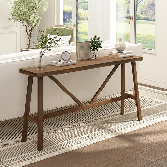 Wnutrees 63" Farmhouse Solid Wood Console Tables, Rustic Hallway Table, Solid Firwood Sofa Table for Entryway, Living Room, Easy Assembly, Natural