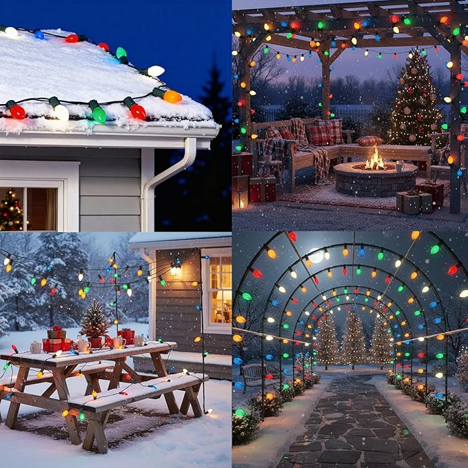 C7 LED String Lights,25Ft Retro Ceramic Multicolor Lights with 27 Vibrant LED Bulbs (2 Spare) on Green Wire–Perfect for Christmas, Parties, Backyard & Wedding Décor