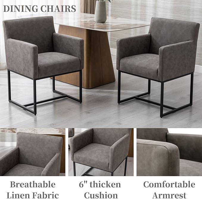 Set of 2 Upholstered Dining Chairs with Armrest, PU Leather Modern Accent Armchairs, Kitchen & Dining Room Chairs Side Chairs, Grey
