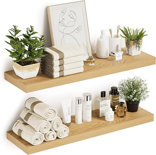 Vivelove 10 inches Deep Floating Shelves 36 inch Long, Large Oak Wall Shelves for Bedroom, Bathroom, Living Room, Kitchen, Office, Modern Shelf Home Decor with Invisible Bracket, Set of 2 Oak