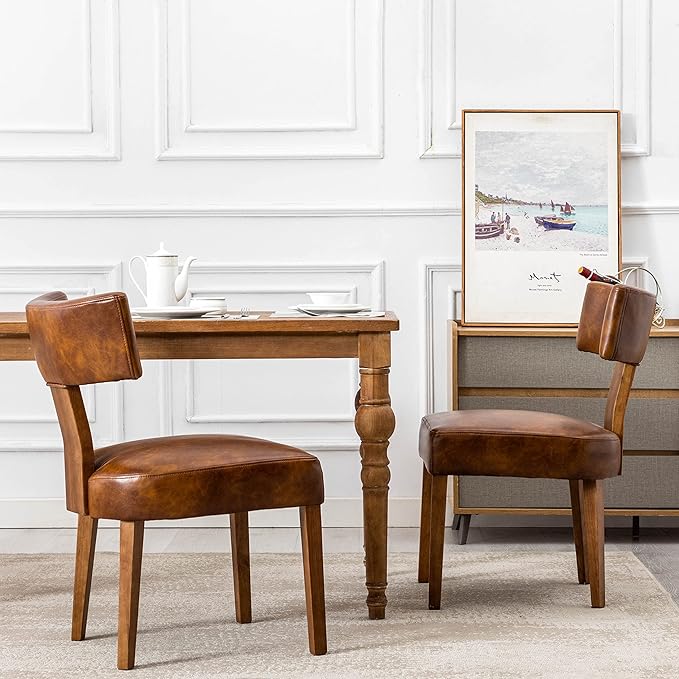 Mid Century Modern Dining Chairs Set of 6 PU Leather Upholstered Side Chairs, Modern Kitchen Armless Parson Chairs Solid Wood Dining Chairs, Brown