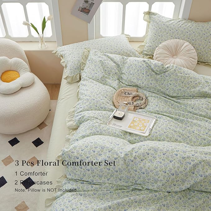 EAVD French Style Garden Floral Ruffled Comforter Set Full White Fluffy Soft Microfiber Chic Blue Floral Bedding Set with 2 Pillowcases Fresh Botanical Comforter Set for All-Season