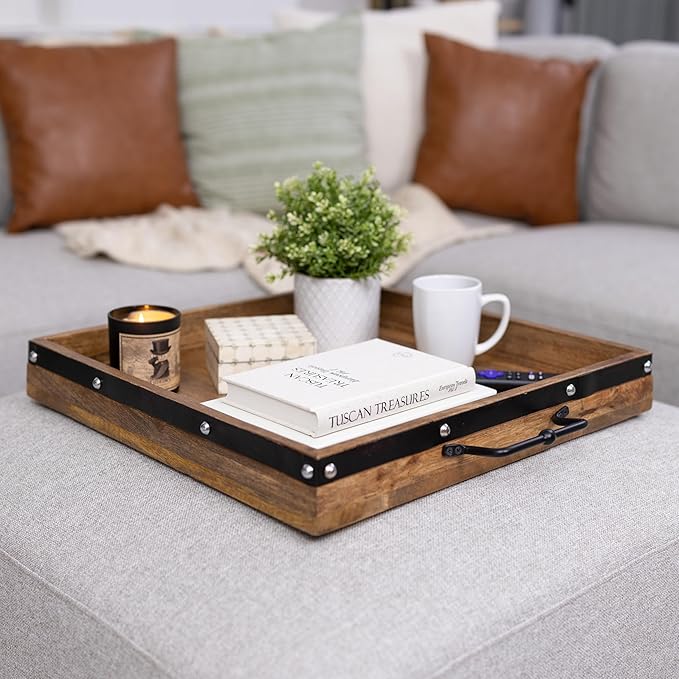 20"x20" Extra Large Square Ottoman Tray, Heavy Duty Mango Wood, for Serving Tea, Breakfast in Bed, Living Room Large Coffee Table Tray Rustic with Farmhouse Style, Decorative Handles and Accent Strap