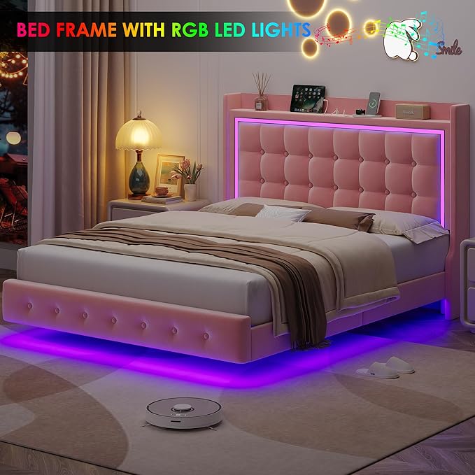 Keyluv Upholstered Full Floating Bed Frame with RGB LED Lights and Charging Station, Velvet Platform Bed with Button Tufted Storage Headboard, Type-C & USB Charging Ports, No Box Spring Needed, Pink