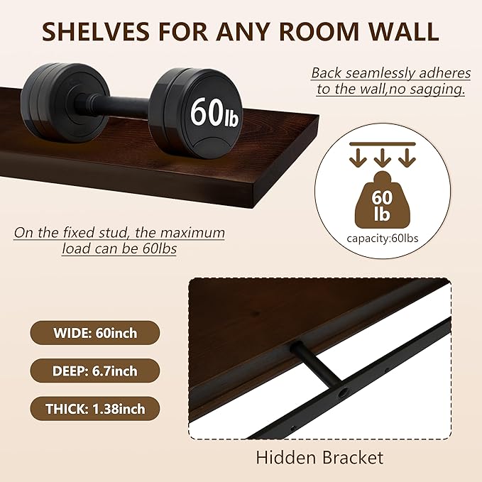 foxsky 60 Inch Solid Pine Wood Floating Shelves for Wall with Hidden Brackets, Rustic Farmhouse Wall Mounted Shelf for Bathroom, Living Room, Bedroom, Kitchen, Office Decor (Walnut)