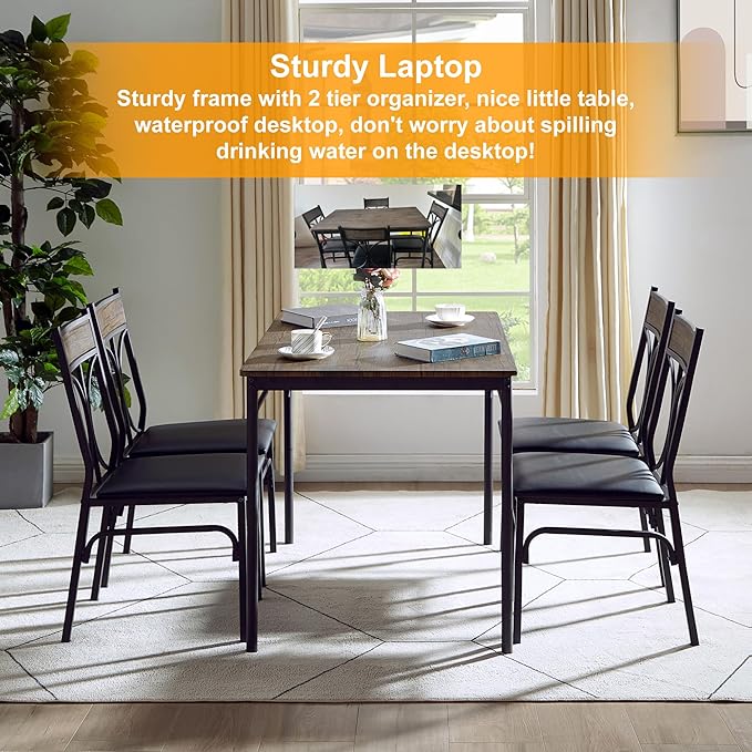 VECELO Dining Table Set for 4, Kitchen Table Set with 4 Chairs for Small Space, Space-Saving and Modern Design, Apartment, Easy to Assemble,Classic Brown