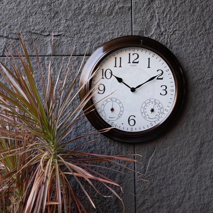 OCEST 15 Inch Illuminated Large Outdoor Clock Waterproof, Night Light Illuminated Wall Clocks with Smart LED Sensor, Temperature and Humidity Combo for Garden Patio Pool Garage (Metal)