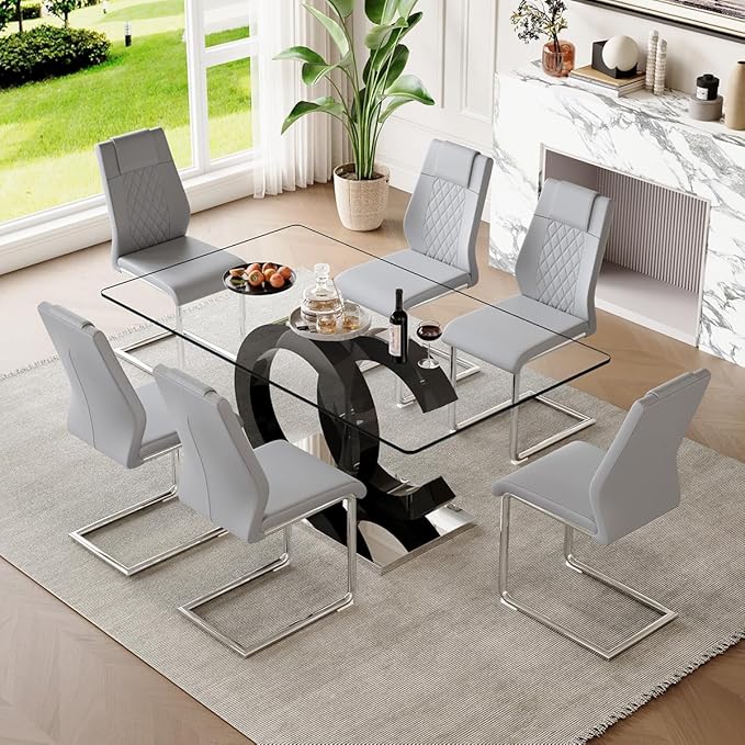 63'' Glass Dining Table Set for 6, Kitchen Table Chairs Set of 6, Clear Glass Dining Table with Black unique design Leg and Silver Metal Base, 6 PU Dining Chairs with Metal Legs, Living Room, Kitchen.