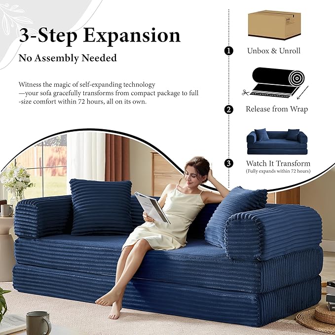 Boneless Couch Sofa Bed Sectional Couches for Living Room,Futon Cloud Couch with Sleeper Sofa,Sofas for Living Room Oversized Corduroy Upholstered (Blue)