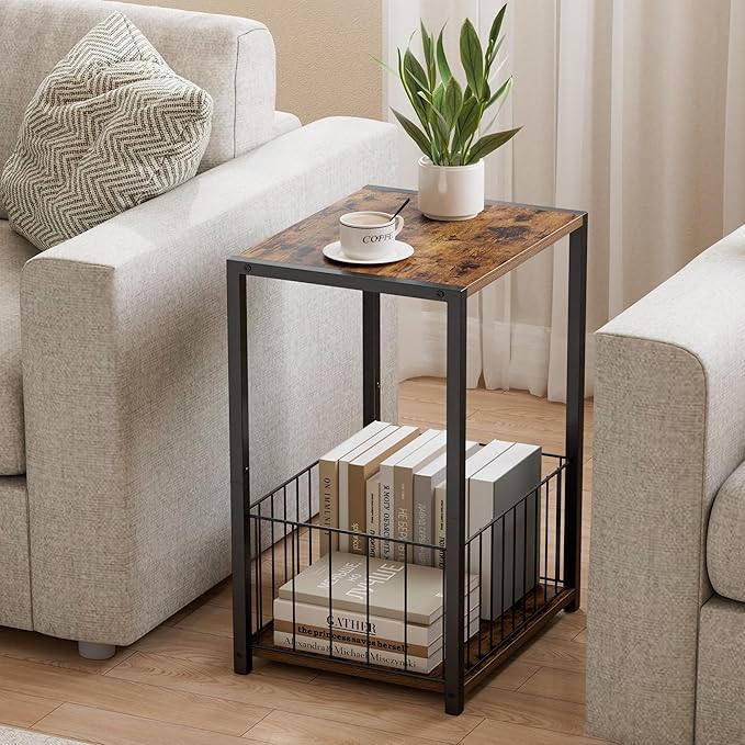 Side Table with Magazine Holder, Record Player Stand with LP Shelf, End Table for Living Room, Bedroom, or Bedside, Easy Assembly, 11" D x 16.9" W x 23.6" H, Rustic Brown