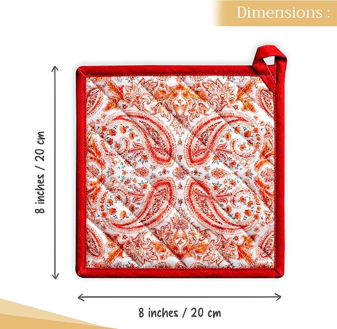 Maison d' Hermine Pot Holders Set 100% Cotton Heat Resistant Potholders 8" x 8" Hot Pads with Loop for Thanksgiving Christmas Decorations BBQ Cooking Baking Handling Hot Pans (Pack of 2, Orient)