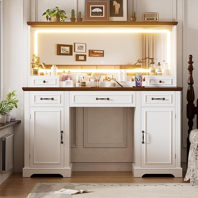PAKASEPT 55.12" Large Makeup Vanity with LED Lights and 3 Light Modes, Vanity Set with 5 Drawers and Power Outlet, Vanity Desk for Women, Girls