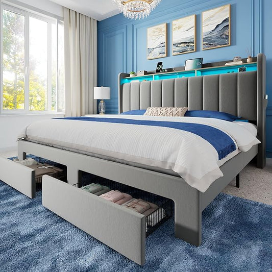 Allewie Velvet Vertical Tufted King Size Upholstered Platform Bed Frame with 2-Tier LED Storage Headboard & 2 Storage Drawers, USB & Type-C Charging Ports, Noise-Free/No Box Spring Needed, Grey