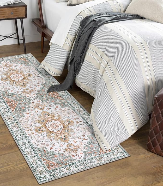 Moynesa Ultra-Thin Washable Runner Rug - 2x6 Bathroom Runner Washable Laundry Room Rug Printed Entryway Carpet Runner, Vintage Pet Friendly Low Pile Runners for Living Bedroom Kitchen, Beige/Gold