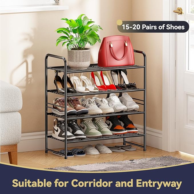 Stackable Shoe Rack, 4 Tier Closet Metal Shoe Organizer for Storage Shelf for Entryway, Bedroom, Holds up to 20 Pairs Shoes, Black