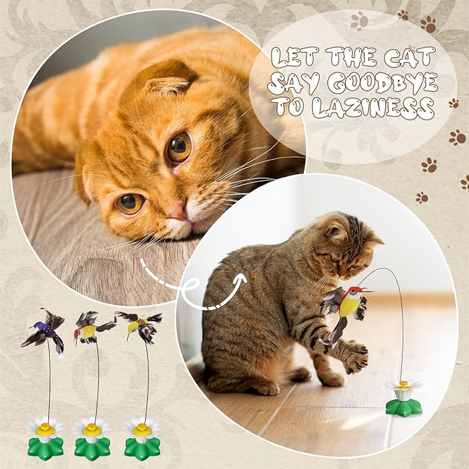 Vinsot 3 Pcs Electric Teasing Cat Toy Flying Interactive Cat Toy Automatic 360° Rotating Kitten Play Chase Supplies with 6 Pcs Replacement Head with Wire(Hummingbird)