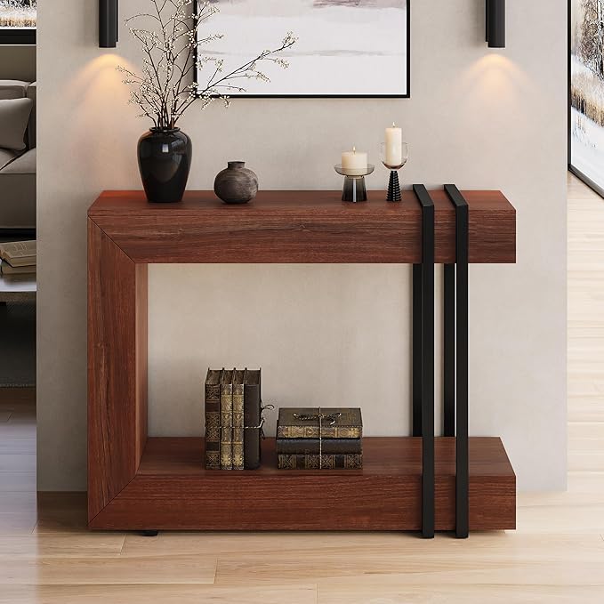 42.5" Console Table Behind Couch, 2-Tier Narrow Entryway Table with Storage, Wood Sofa Tables for Hallway/Entrance/Living Room/Foyer, Walnut Brown