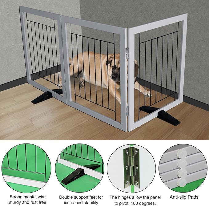 ZJSF Freestanding Dog Gate Indoor, Foldable Dog Fence for Doorways,Hallways or Stairs, Sturdy Wood Extra Wide Pet Gate with Support Feet,Grey,32 "Height-3 Panels