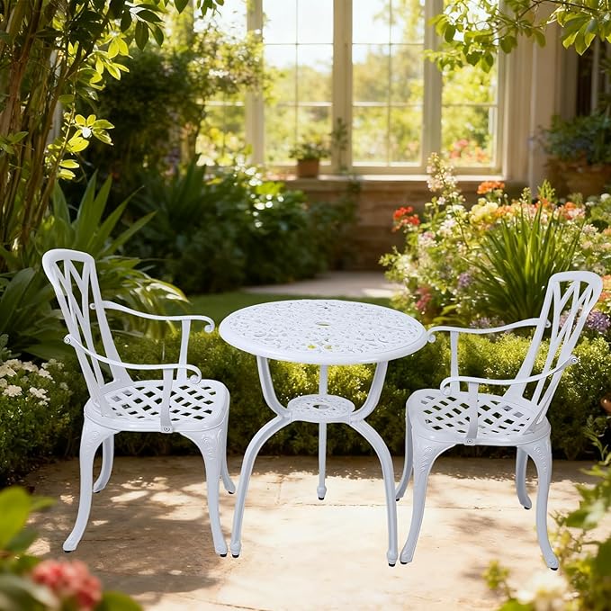3-Piece Cast Aluminum Patio Bistro Set, Outdoor Rust-Resistant Furniture with 2 Chairs and Table (White)