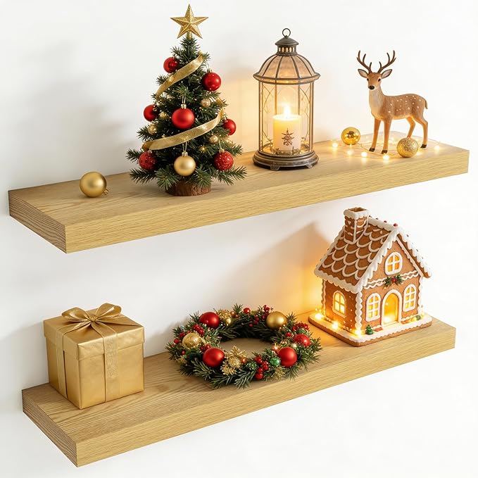 36 Inch Floating Shelves for Wall, 8 Inch Deep Floating Shelf for Storage & Display, Rustic Wall Mounted Shelf with Invisible Brackets for Living Room, Kitchen, Bathroom, Home Decor, Set of 2, Oak
