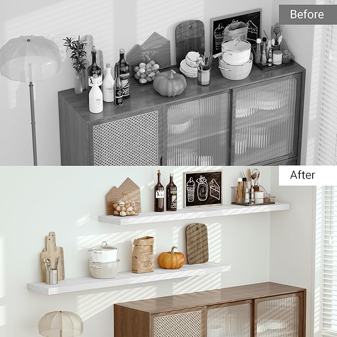 Vivelove 12 in Deep Floating Shelves for Wall, 72" x 12" x 2" Shelves for Room Wall Mounted, 2 Inch Thick Shelf for Bathroom Bedroom Kitchen Book Room, Modern Farmhouse Decor, Set of 1, White