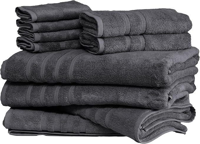 Mosobam Luxury Turkish 10pc XL Deluxe Bath Bundle Body Hand Face Towel and Mat Charcoal Gray (Dark Grey) 700 GSM & 1000 GSM Bamboo Viscose & Aegean Turkish Combed Cotton