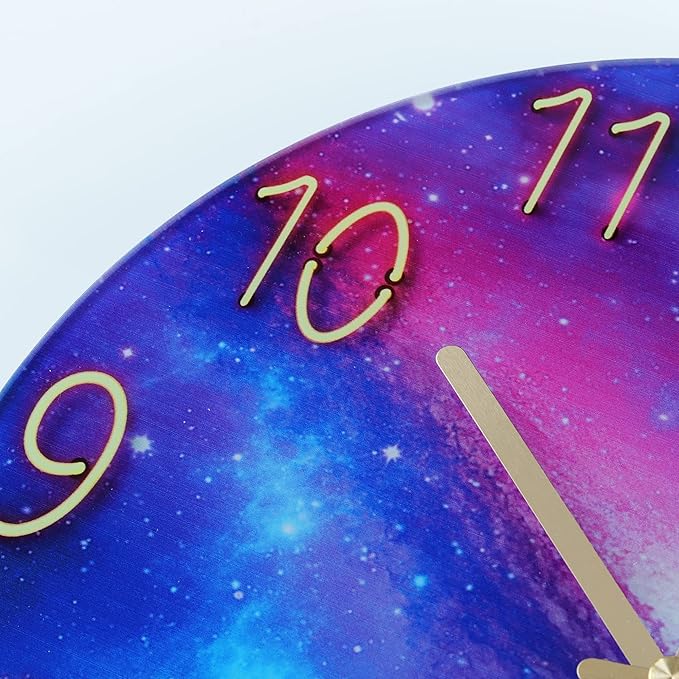 Lafocuse 12 Inch Silent Purple Wall Clocks Battery Operated for Bedroom, Cool Space Galaxy Analog Clock for Living Room Decor, Glass