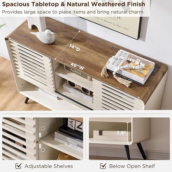 RedLemon 46" Entryway Table, Mid Century Modern Console Table with Slatted Sliding Door, Storage Shelf Wood Sofa Table Behind Couch for Hallway, Living Room, Foyer, Antique White