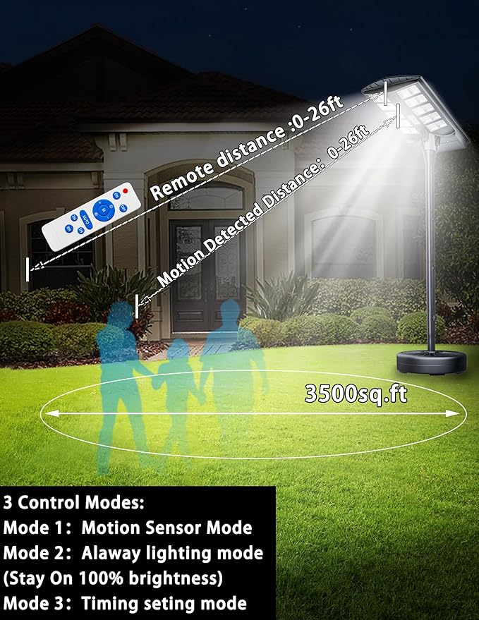 JAYNLT 8500W Solar Street Lights Outdoor with 78" Tall Pole, 3000K/4000K/6500K 500000LM Solar Floor Lamps Dusk to Dawn, IP68 Waterproof Outdoor Pole Lights with Motion Sensor for Yard, Patio