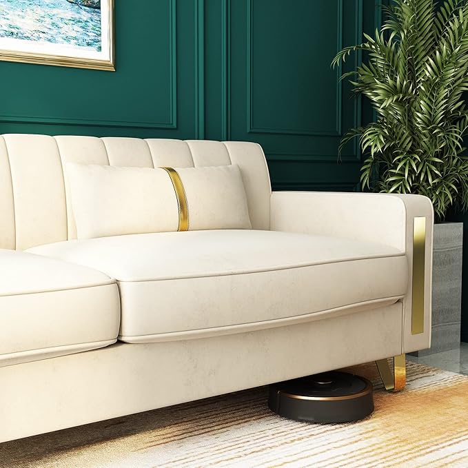 Couch 85.62" 3 Seats Sectional Velvet Fabric Sofa Easy Assemble Sofa Bed with 2 Couch Pillows,Gold Metal Legs for Living Room (P17, Beige)