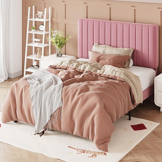 Allewie Twin Bed Frame, Velvet Upholstered Platform Bed with Adjustable Vertical Channel Tufted Headboard, Mattress Foundation with Strong Wooden Slats, Box Spring Optional, Easy Assembly, Pink