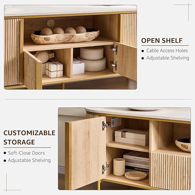 OKD Luxury 70" Fluted TV Stand, Modern Chic Entertainment Center for TVs Up to 80 inches, TV Console with Faux Marble Top, Curved Profile Design, Media Console for Living Room, Natural Oak