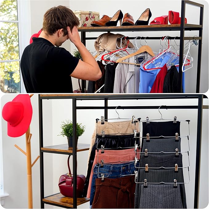 DEILSY™ 5-Tier Skirt Hangers with Clips (3 PK) Pant Space Saving Multiple in one Clothes with Clip Multiple Pants Hanger for Closet Bottom Hangers Metal Hanger with Clips