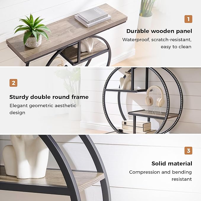 41.3" Sofa Table, Industrial 4-Tier Entryway Table with Circle Base and 1.7" Thickened Top, Narrow Console Table with Storage for Living Room, Hallway, Foyer, Grey