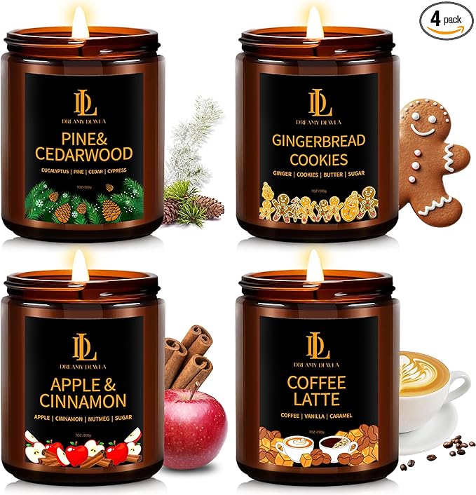 Winter Candle Set, Candles for Home Scented, 4 Pack Soy Candles for Holiday, Holiday Candle Gifts for Women Men, Winter Scents of Gingerbread Cookies/Apple & Cinnamon/Coffee Latte/Pine & Cedarwood