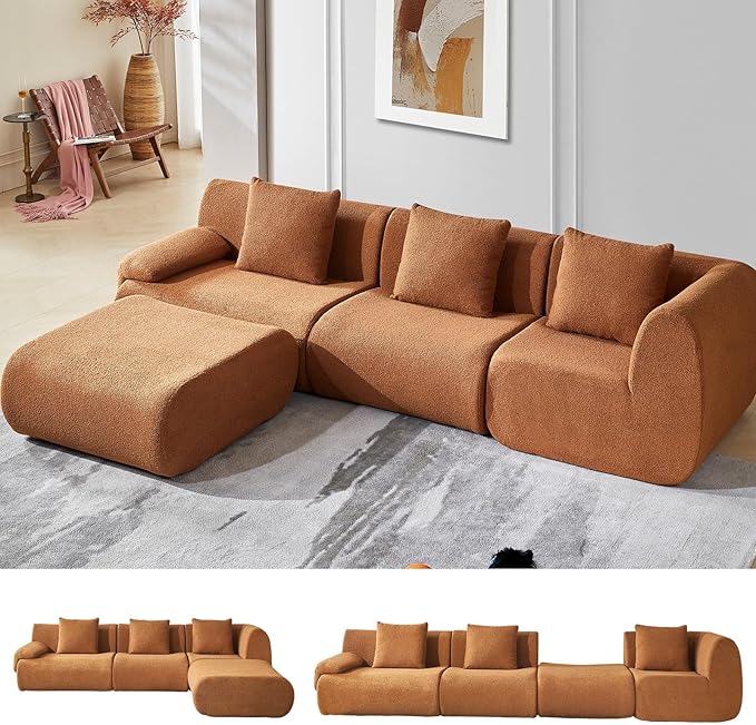 118" Modular Sectional Sofa with Movable Ottoman, 3-Seater Modern Teddy Velvet L-Shaped Couch, Convertible Cloud Sofa for Living Room, Sectional Boneless Couch