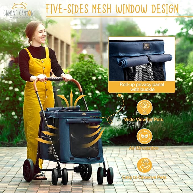 Upgraded 4 Wheels Pet Stroller for Small/Medium Dogs- One Button Fold, Adjustable Mesh Windows and Shades, 360° Swivel Front Wheels and Rear Wheel Brake