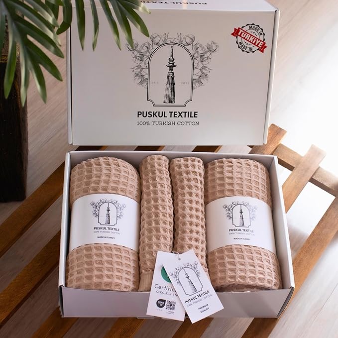 Püskül - Luxury Waffle Towel Set for Bathroom 4 Pieces Beige, Premium Quality Organic 100% Turkish Cotton 2 Hand and 2 Bath Towels Sets, Quick Dry Thin Waffle Towels, Made in Turkiye (Beige)