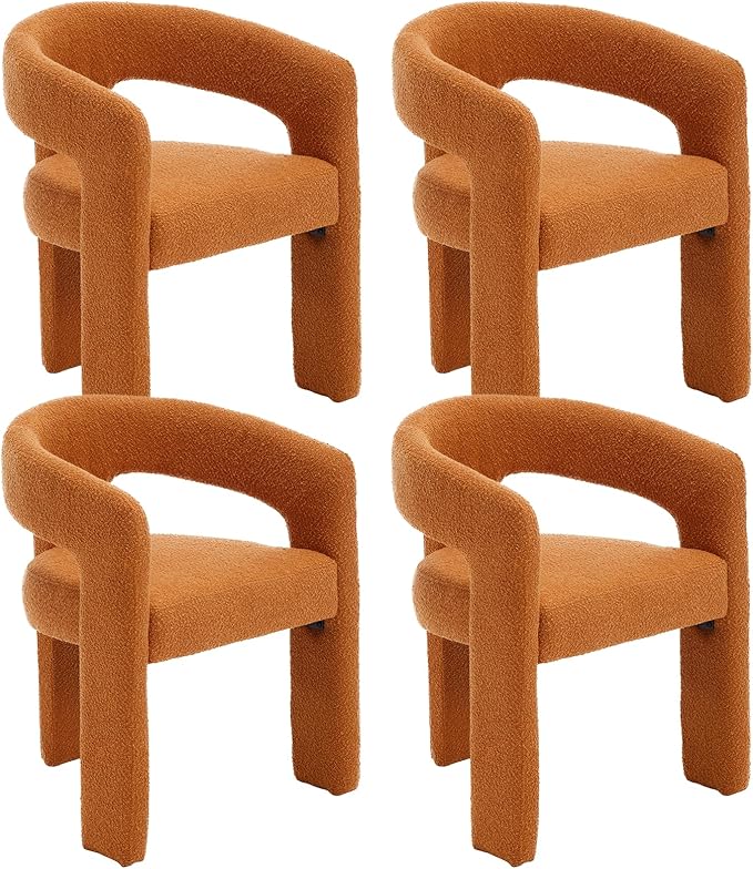 Modern Sherpa Dining Chairs Set of 4, Upholstered Barrel Chairs with Arms Comfy Accent Side Chairs for Living Room/Dining Room/Reception, Terra Cotta