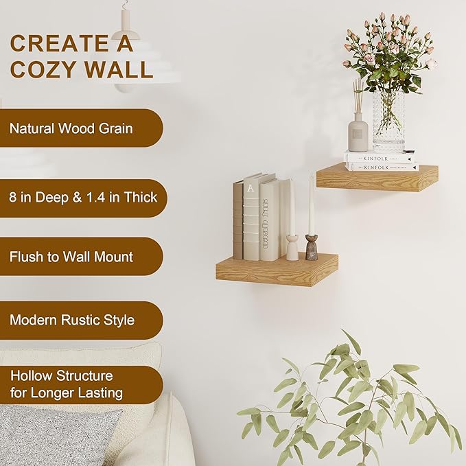 Fun Memories Floating Shelves, 8 Inch Deep Floating Shelves for Wall, 8 x 8 Wall Shelves, Rustic Wood Floating Shelf for Living Room, Bedroom, Bathroom, Oak Color, Set of 2