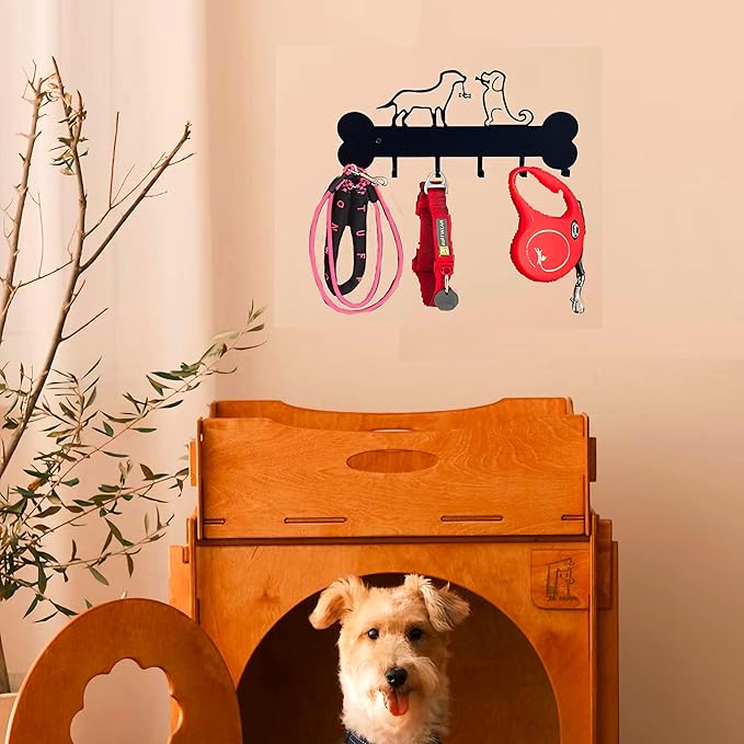 Dog Leash Holder Wall Mount, Dog Supply Organizer with 6 Hooks, Metal Key Hooks for Wall， Wall Storage for Hanging Leash, Vest, Harness, Keys